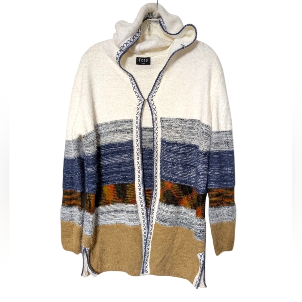 Fate Hooded Multicolor Hooded Single Clasp Open Cape Knit Cardigan Small NWOT
